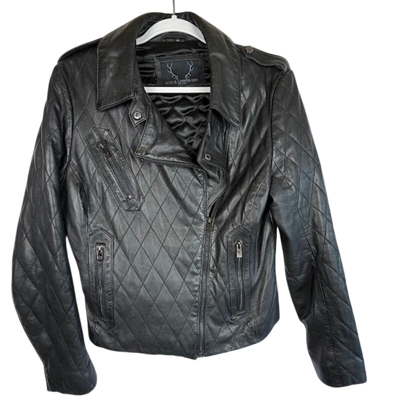 Bod & Christensen Black Leather Diamond Quilted Moto Jacket Women's Large $570